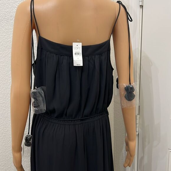 LOFT Black Maxi Dress Sz Large Adjustable Tie Strap Elastic Waist Tassel Straps - Picture 8 of 15